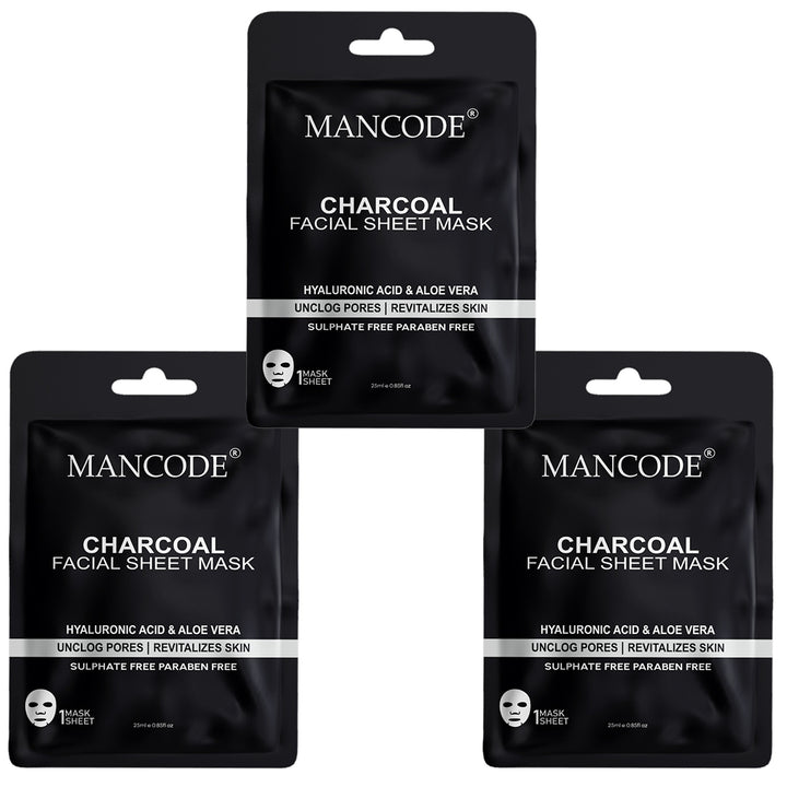 Charcoal Facial Sheet Mask Pack of 3 | Deep Detox, Pore Cleansing & Oil Control Face Masks