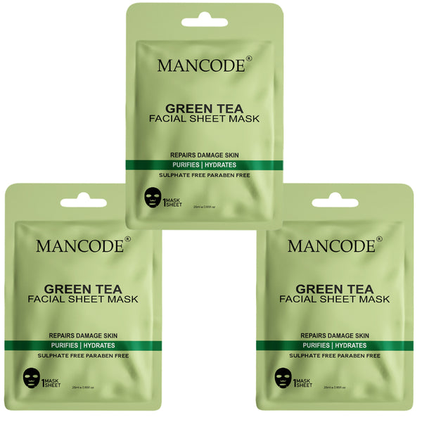 Green Tea Facial Sheet Mask Pack of 3 | Oil Control, Detox & Refreshing Hydration Face Masks