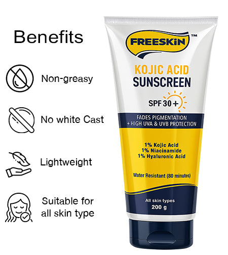 Sunscreen Kojic Acid SPF 30+ 200g | Broad Spectrum UVA/UVB Protection | Brightening, Anti-Pigmentation Sunscreen with Niacinamide & Hyaluronic Acid promises