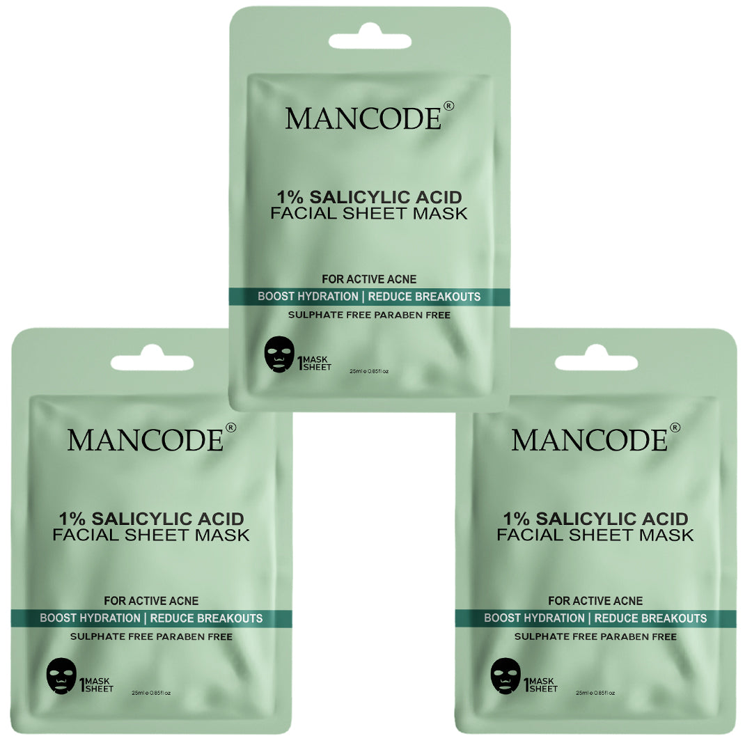 1% Salicylic Acid Facial Sheet Mask Pack of 3 | Acne Control, Pore Cleansing & Oil Balancing Face Masks